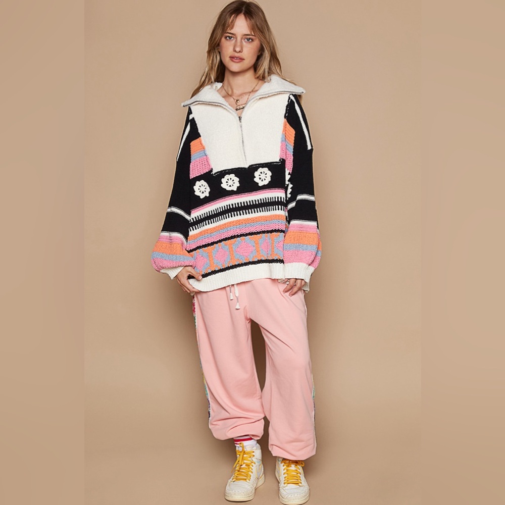 99. POL LAST 1! Ski Pullover Sweater Oversized Chenille Flower Long Sleeve Zip - Picture 3 of 6